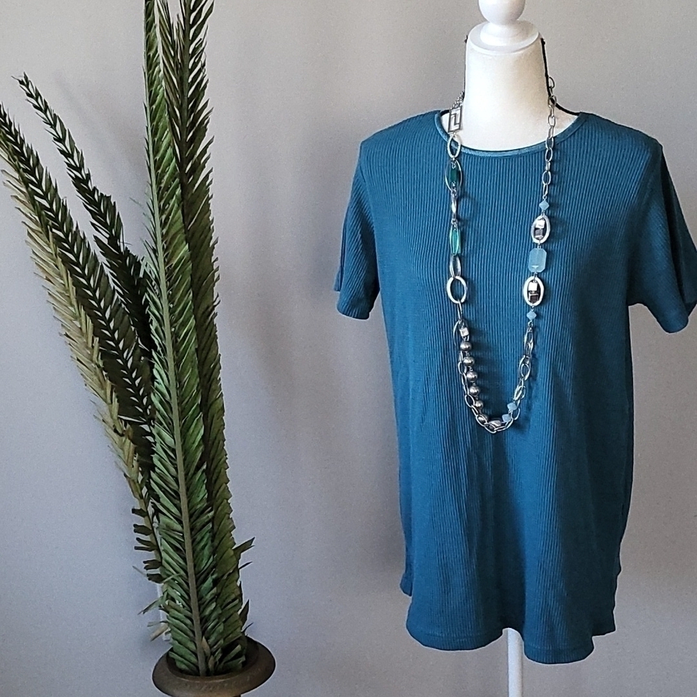 Woman Within teal short sleeve waffle knit crew neck tee NWOT